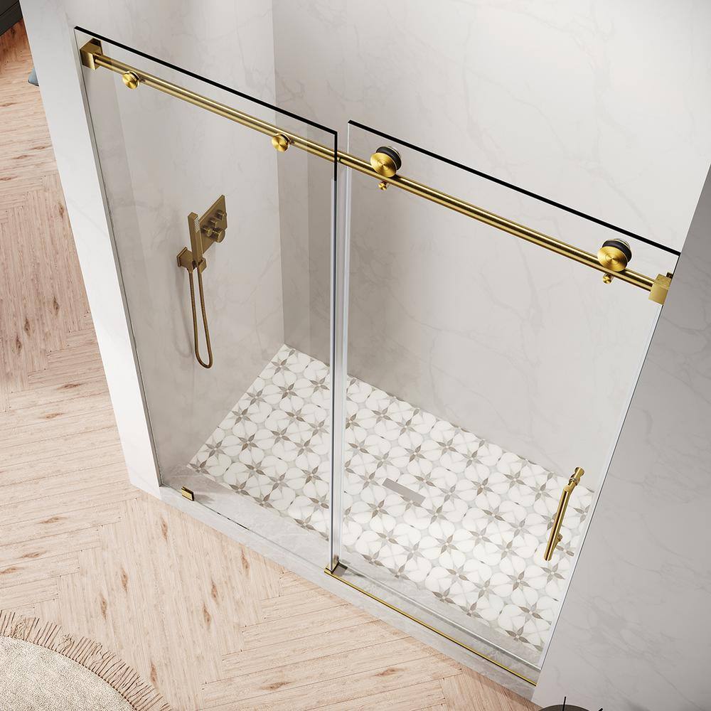 UNIKOO UKS03 60 in. W x 76 in. H Sliding Frameless Shower Door in Satin Brass with Enduro Shield 5/16 in. SGCC Clear Glass