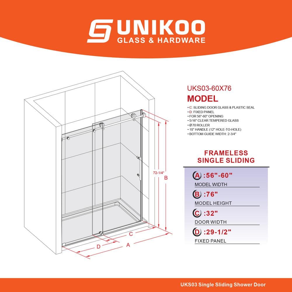 UNIKOO UKS03 60 in. W x 76 in. H Sliding Frameless Shower Door in Satin Brass with Enduro Shield 5/16 in. SGCC Clear Glass
