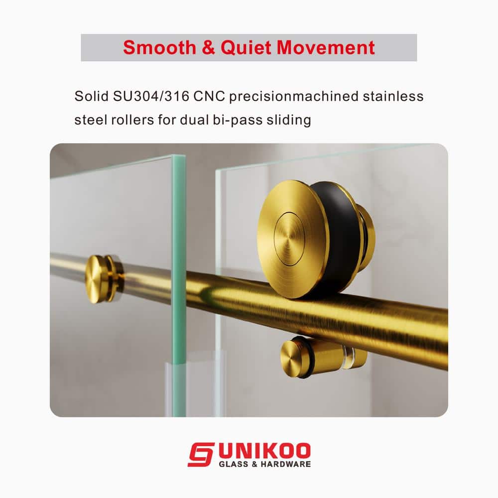 UNIKOO UKS03 60 in. W x 76 in. H Sliding Frameless Shower Door in Satin Brass with Enduro Shield 5/16 in. SGCC Clear Glass