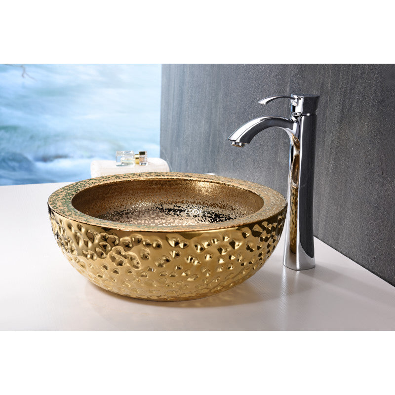ANZZI Regalia Series Vessel Sink in Smoothed Gold, 16.5 in. Round Tempered Deco-Glass