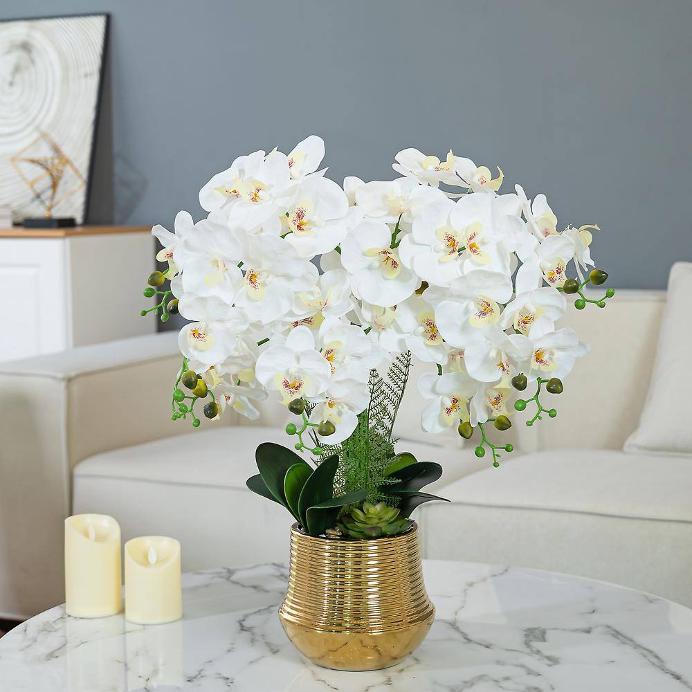 Vanity Art 26.77 in. H Artificial Orchid Floral Arrangement in Gold-plated Ceramics Vase