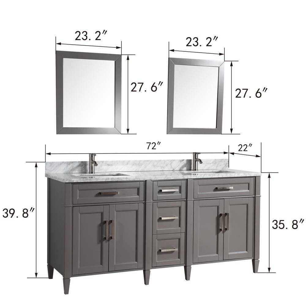 Vanity Art Savona 72 in. W x 22 in. D x 36 in. H Bath Vanity in Grey with Vanity Top in White with White Basin and Mirror