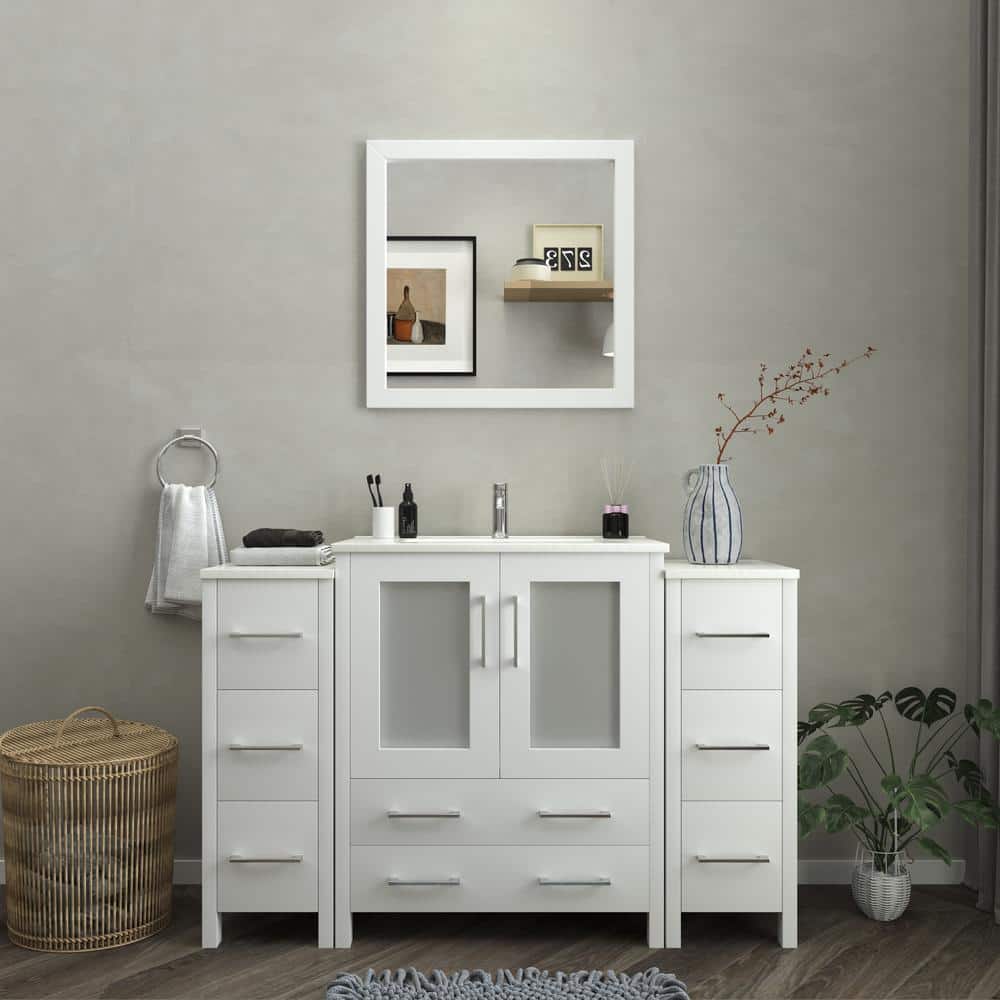 Vanity Art Brescia 54 in. W x 18 in. D x 36 in. H Bathroom Vanity in White with Vanity Top in White with White Basin and Mirror