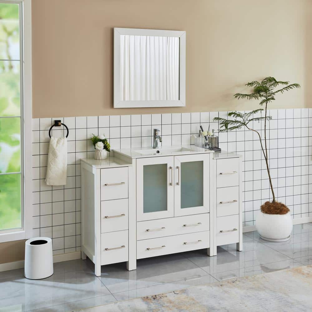 Vanity Art Brescia 54 in. W x 18 in. D x 36 in. H Bathroom Vanity in White with Vanity Top in White with White Basin and Mirror