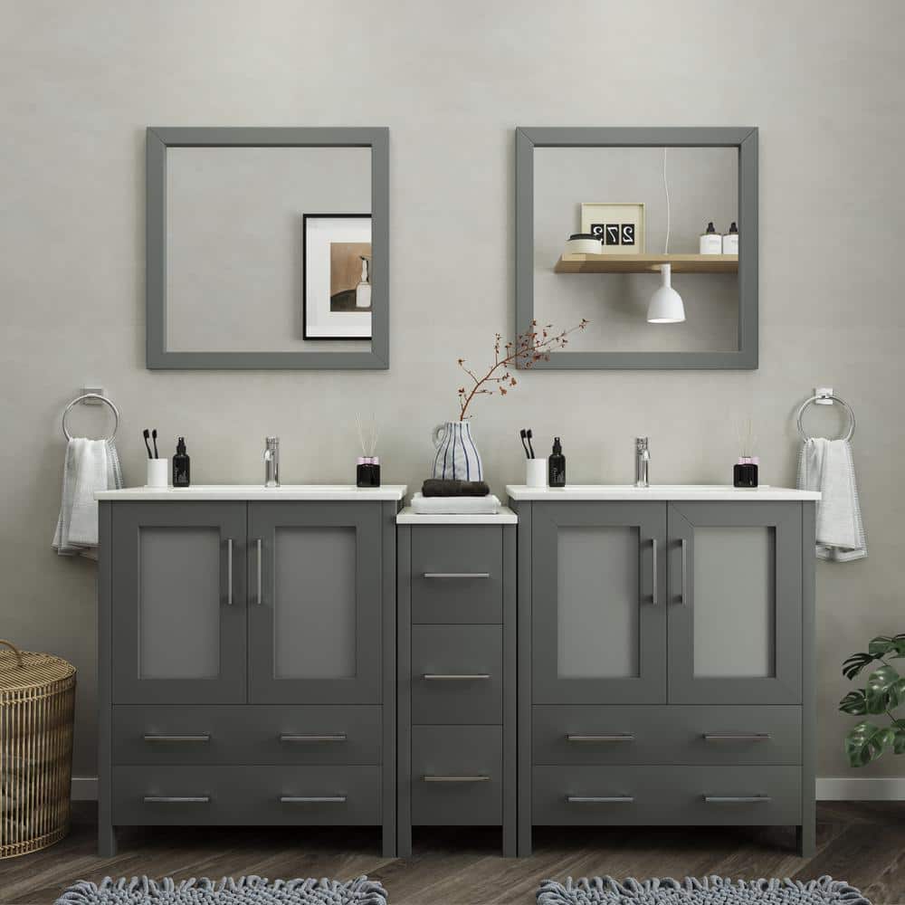 Vanity Art Brescia 72 in. W x 18 in. D x 36 in. H Bath Vanity in Grey with Vanity Top in White with White Basin and Mirror