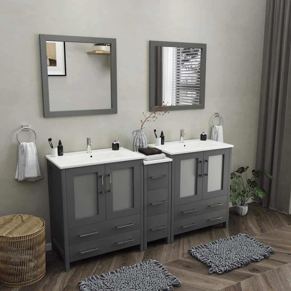 Vanity Art Brescia 72 in. W x 18 in. D x 36 in. H Bath Vanity in Grey with Vanity Top in White with White Basin and Mirror
