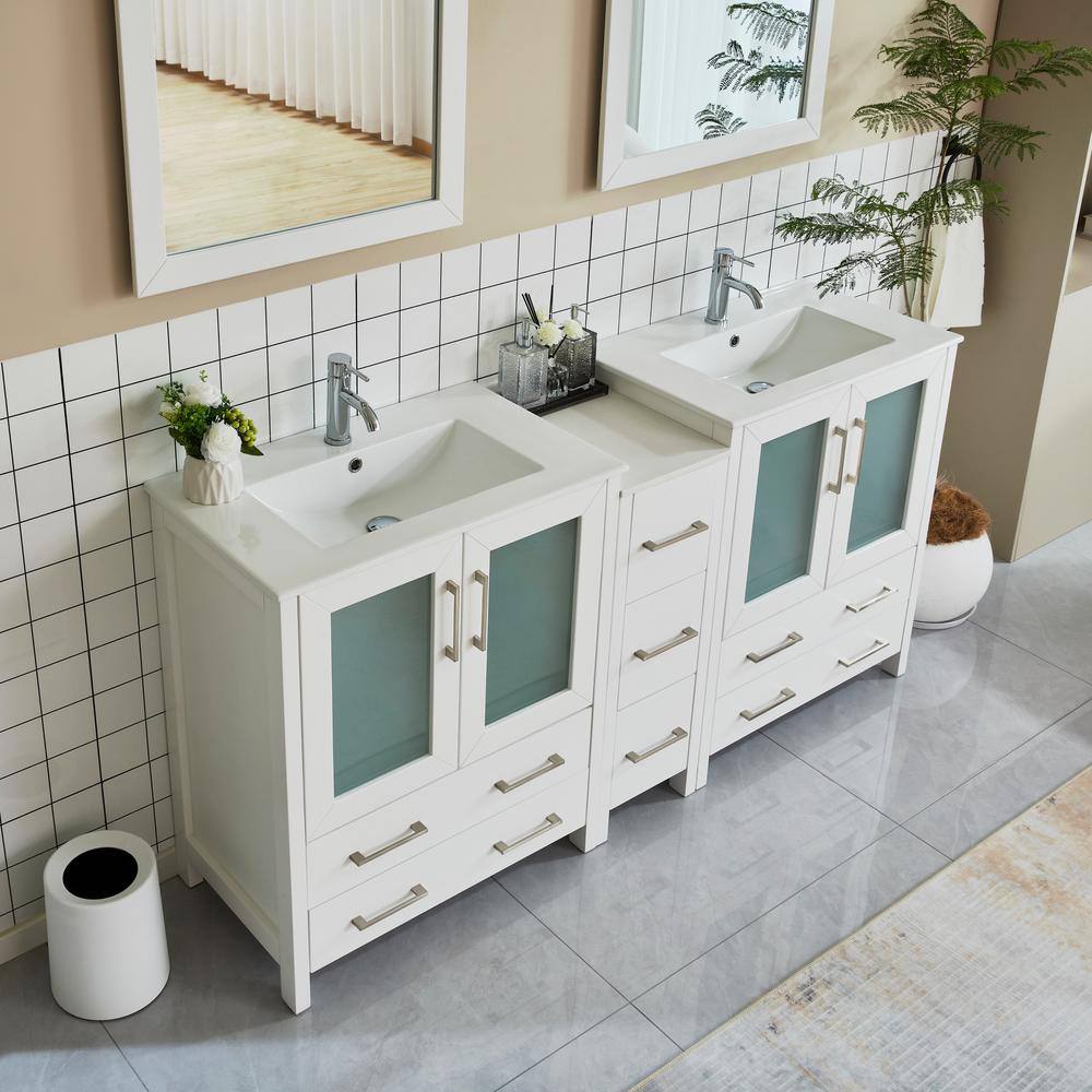 Vanity Art Brescia 72 in. W x 18 in. D x 36 in. H Bath Vanity in White with Vanity Top in White with White Basin and Mirror