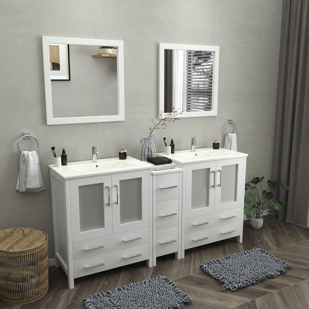 Vanity Art Brescia 72 in. W x 18 in. D x 36 in. H Bath Vanity in White with Vanity Top in White with White Basin and Mirror