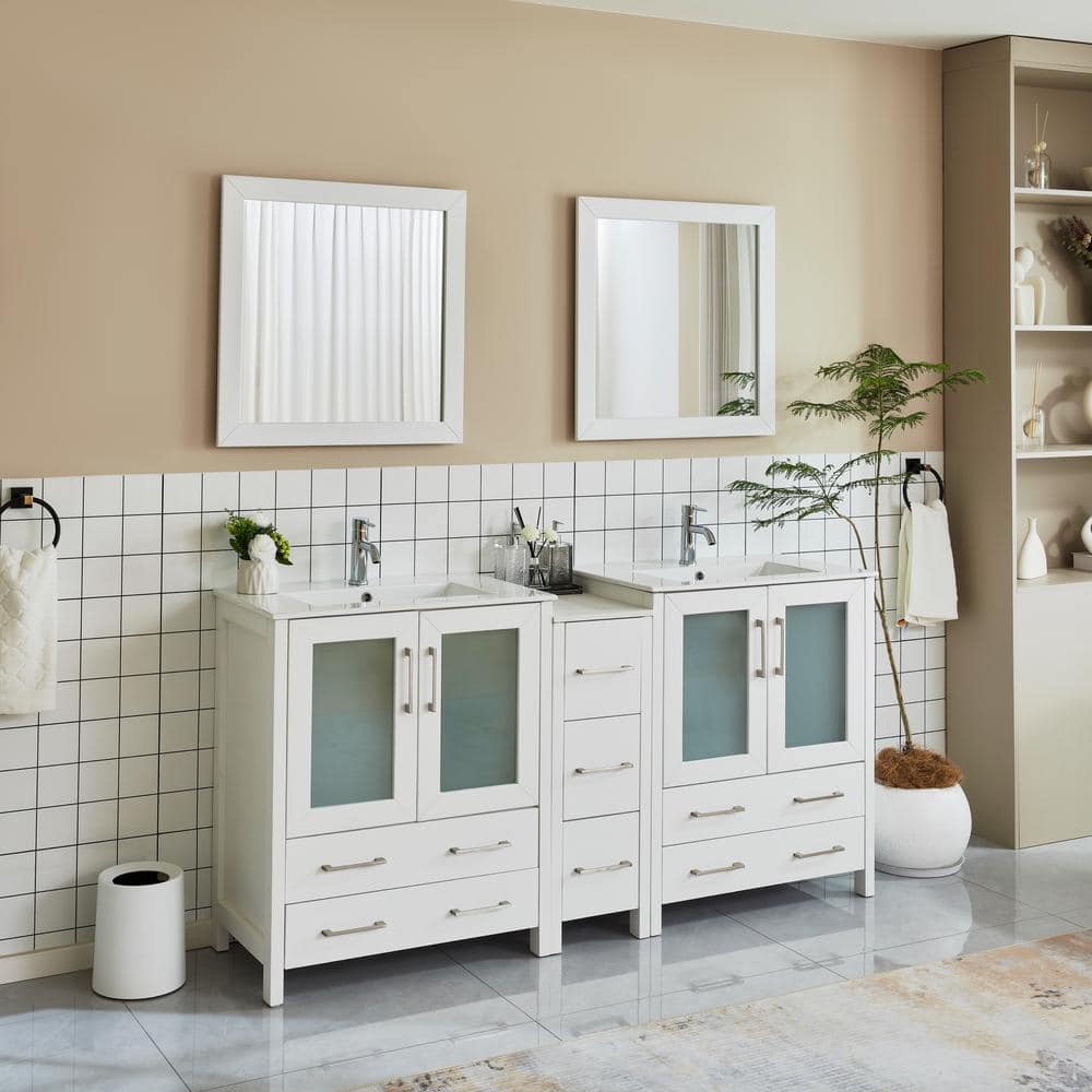 Vanity Art Brescia 72 in. W x 18 in. D x 36 in. H Bath Vanity in White with Vanity Top in White with White Basin and Mirror