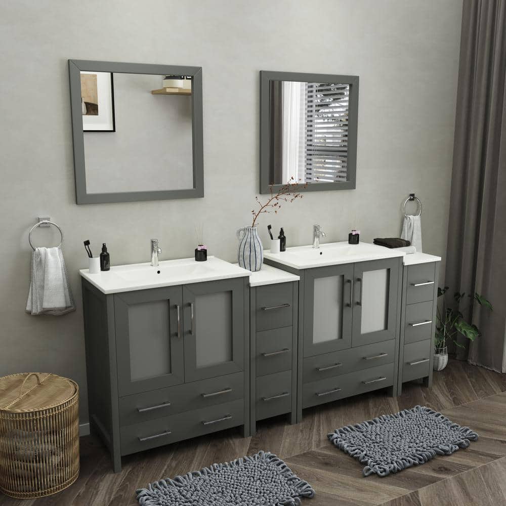 Vanity Art Brescia 84 in. W x 18 in. D x 36 in. H Bath Vanity in Grey with Vanity Top in White with White Basin and Mirror
