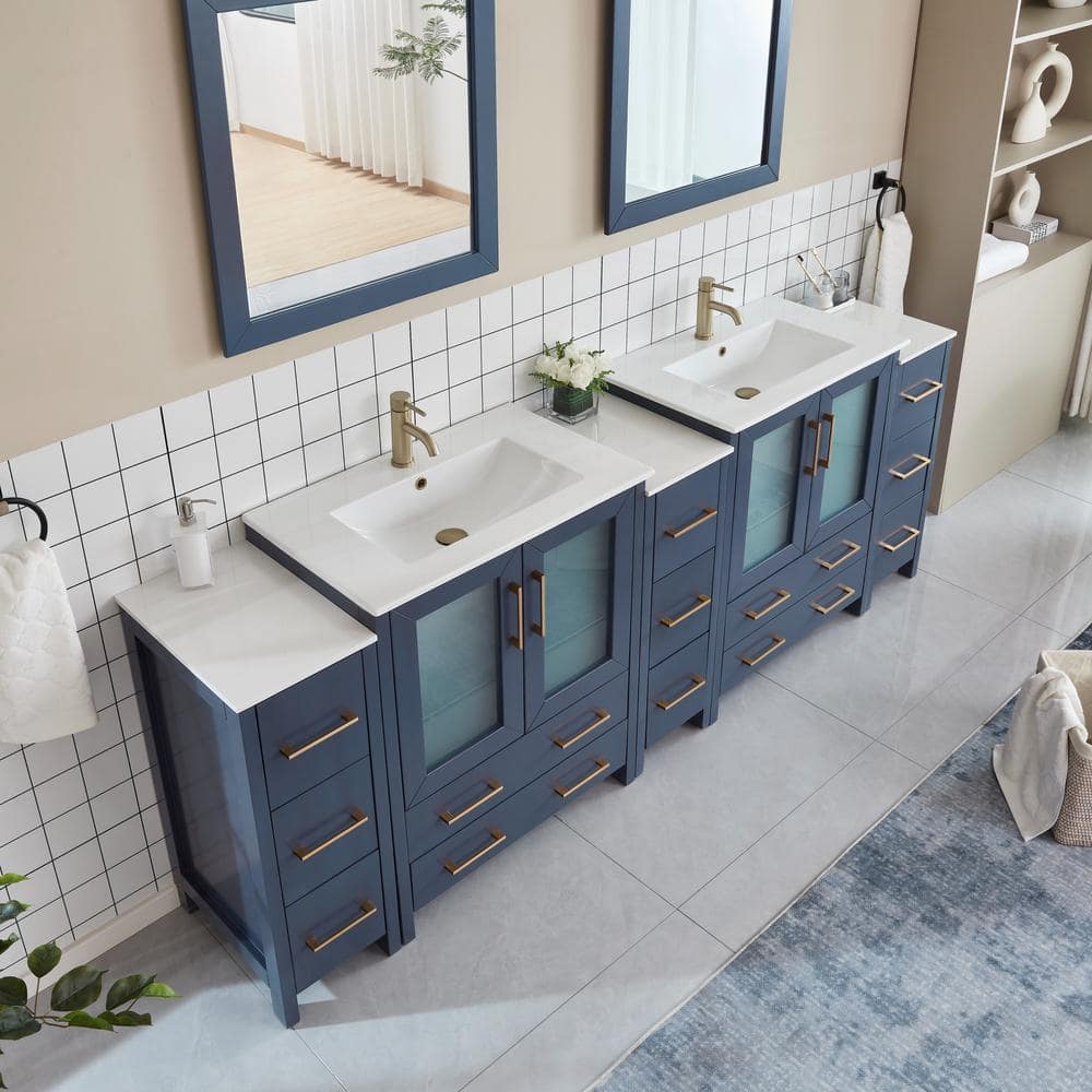 Vanity Art Brescia 96 in. W x 18 in. D x 36 in. H Double Sink Bath Vanity in Blue with White Ceramic Top and Mirror