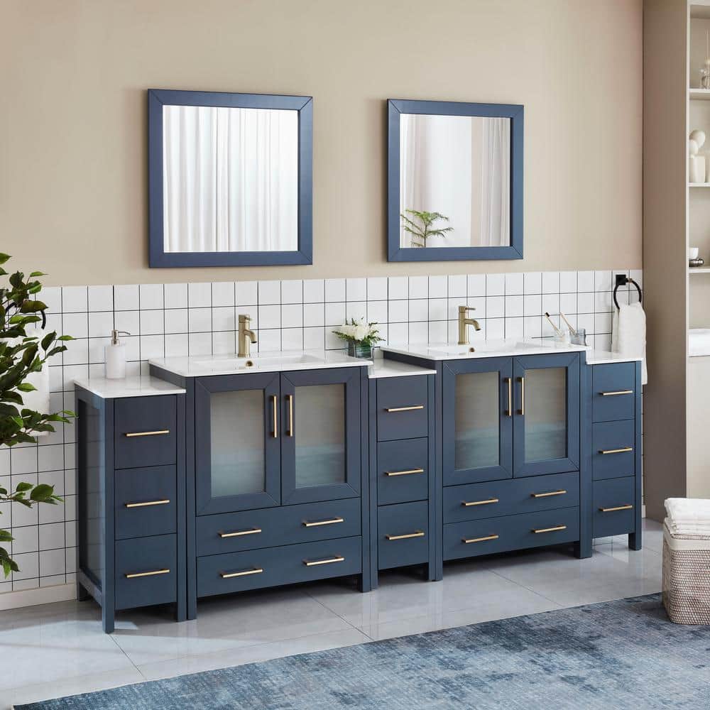 Vanity Art Brescia 96 in. W x 18 in. D x 36 in. H Double Sink Bath Vanity in Blue with White Ceramic Top and Mirror