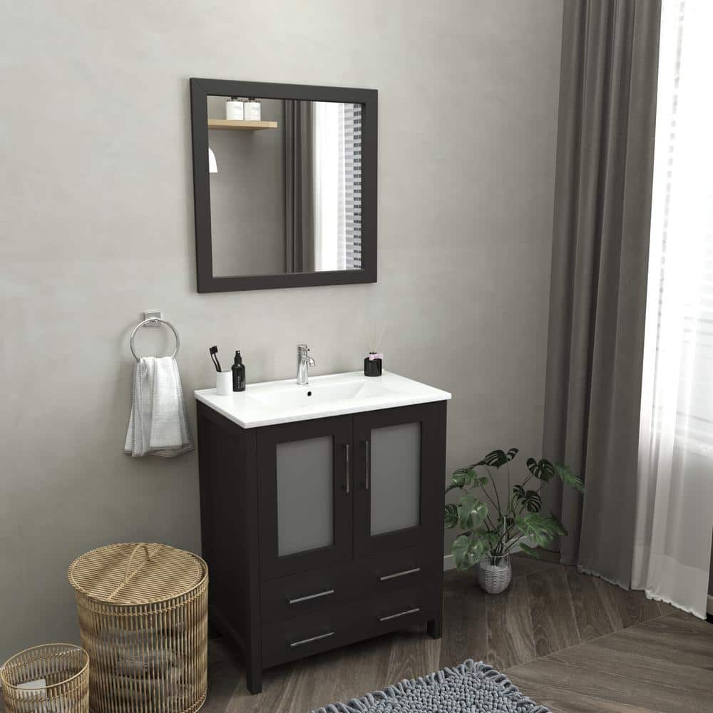 Vanity Art Brescia 30 in. W x 18 in. D x 36 in. H Bath Vanity in Espresso with White Ceramic Top, White Basin and Mirror