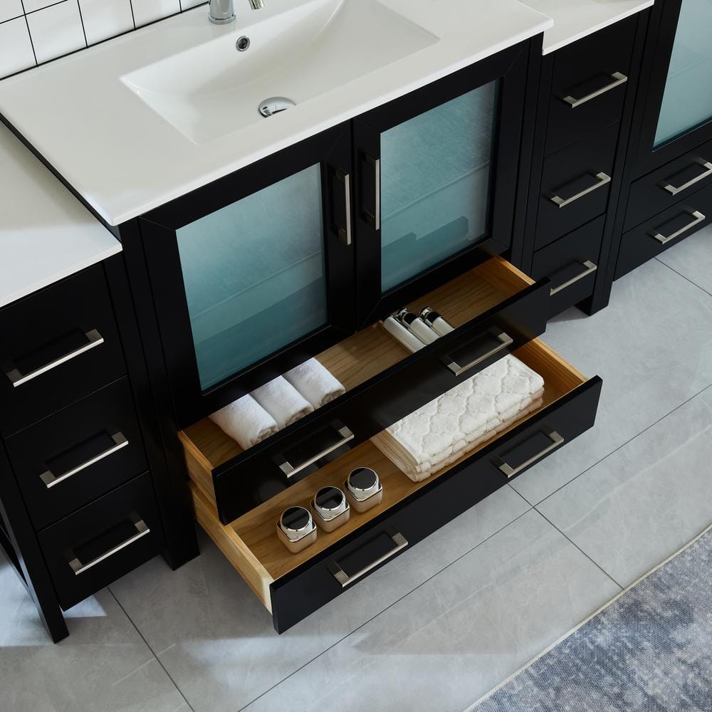 Vanity Art Brescia 108 in. W x 18 in. D x 36 in. H Bathroom Vanity in Espresso with Double Basin Top in White Ceramic and Mirrors