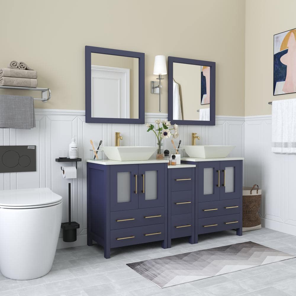 Vanity Art Ravenna 60 in. W Double Basin Bathroom Vanity in Blue with White Engineered Marble Top and Mirror