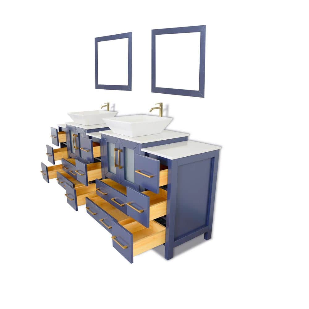 Vanity Art Ravenna 60 in. W Double Basin Bathroom Vanity in Blue with White Engineered Marble Top and Mirror