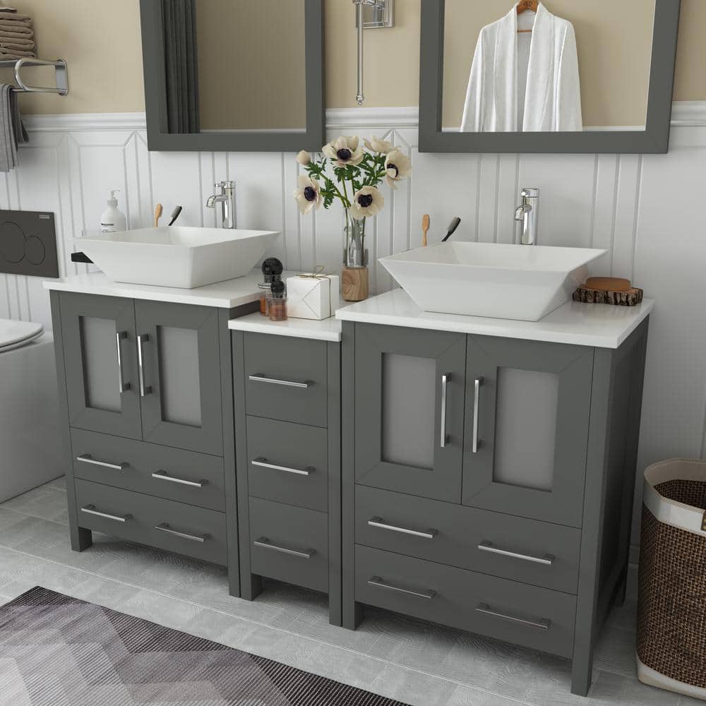Vanity Art Ravenna 60 in. W Bathroom Vanity in Grey with Double Basin in White Engineered Marble Top and Mirror