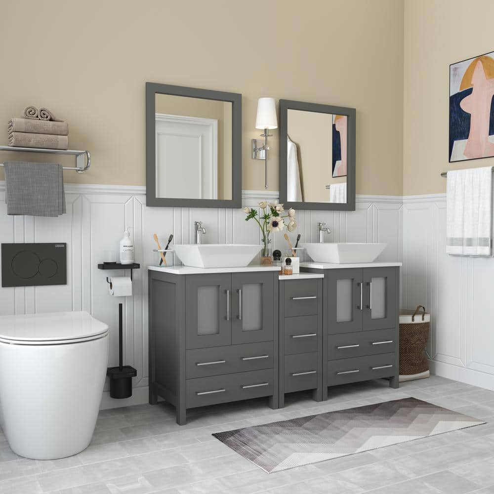 Vanity Art Ravenna 60 in. W Bathroom Vanity in Grey with Double Basin in White Engineered Marble Top and Mirror