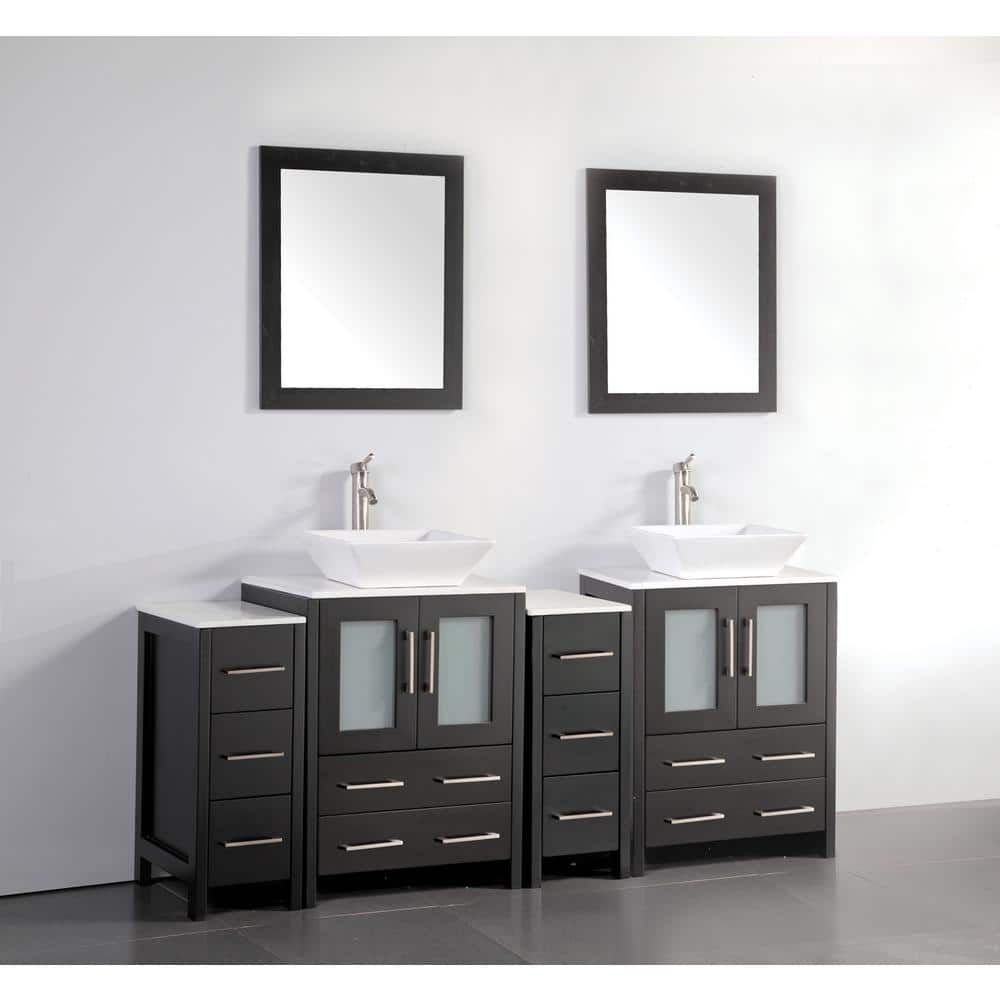 Vanity Art Ravenna 72 in. W Bathroom Vanity in Espresso with Double Basin in White Engineered Marble Top and Mirrors