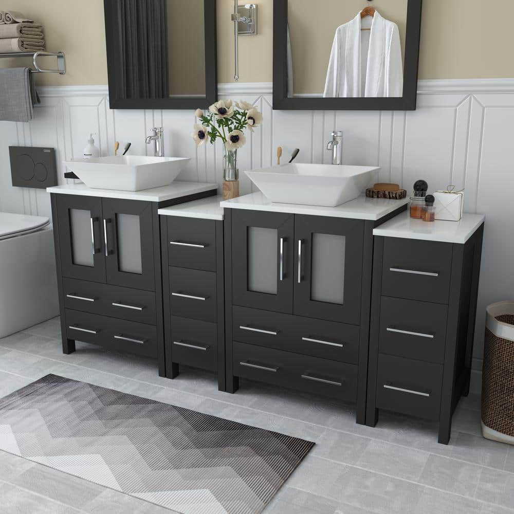 Vanity Art Ravenna 72 in. W Bathroom Vanity in Espresso with Double Basin in White Engineered Marble Top and Mirrors