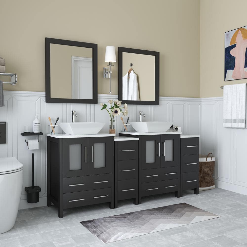 Vanity Art Ravenna 72 in. W Bathroom Vanity in Espresso with Double Basin in White Engineered Marble Top and Mirrors