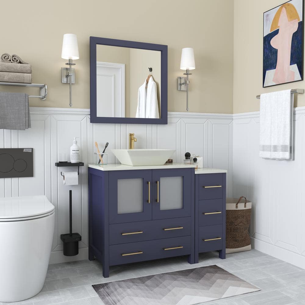 Vanity Art Ravenna 42 in. W Single Basin Bathroom Vanity in Blue with White Engineered Marble Top and Mirror