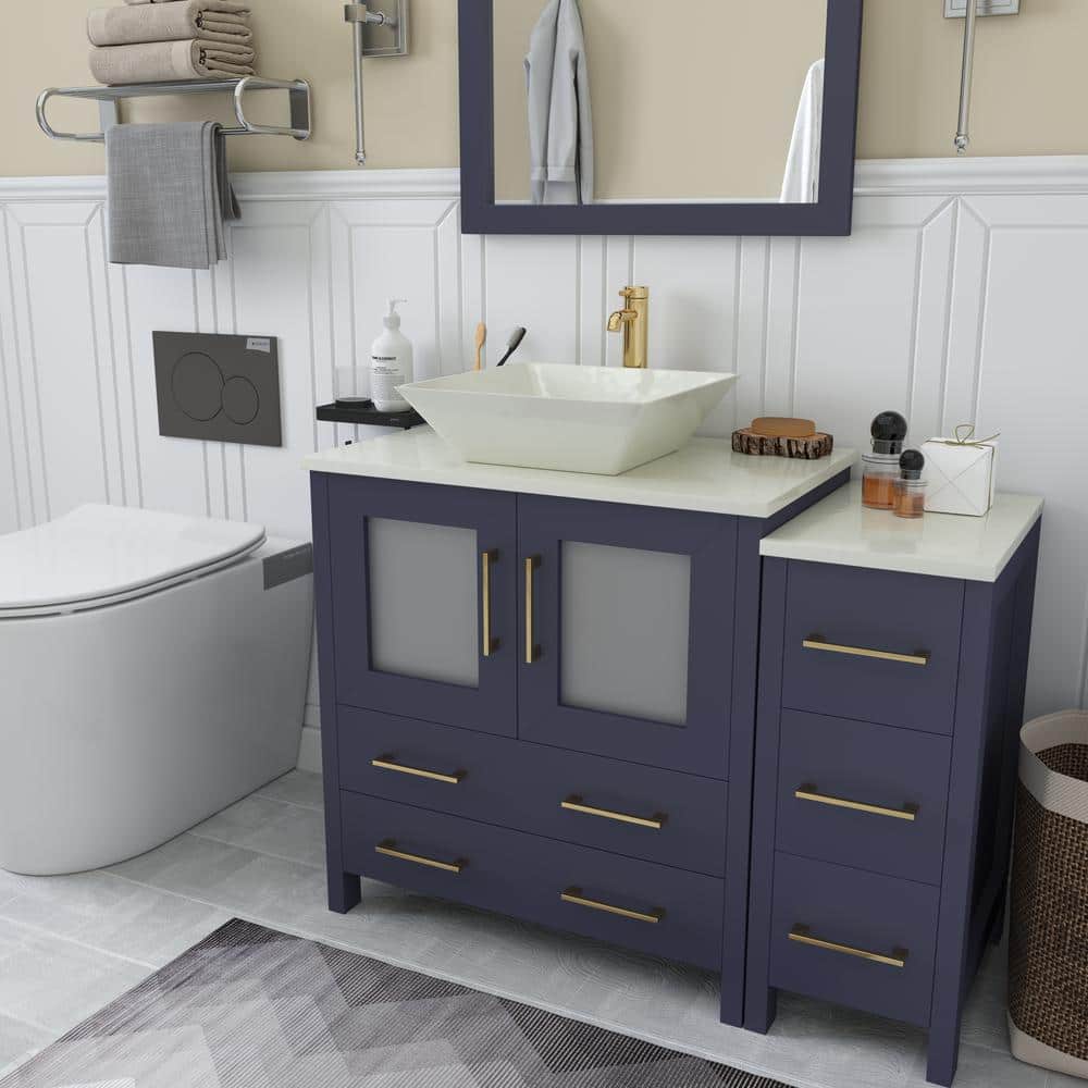 Vanity Art Ravenna 42 in. W Single Basin Bathroom Vanity in Blue with White Engineered Marble Top and Mirror