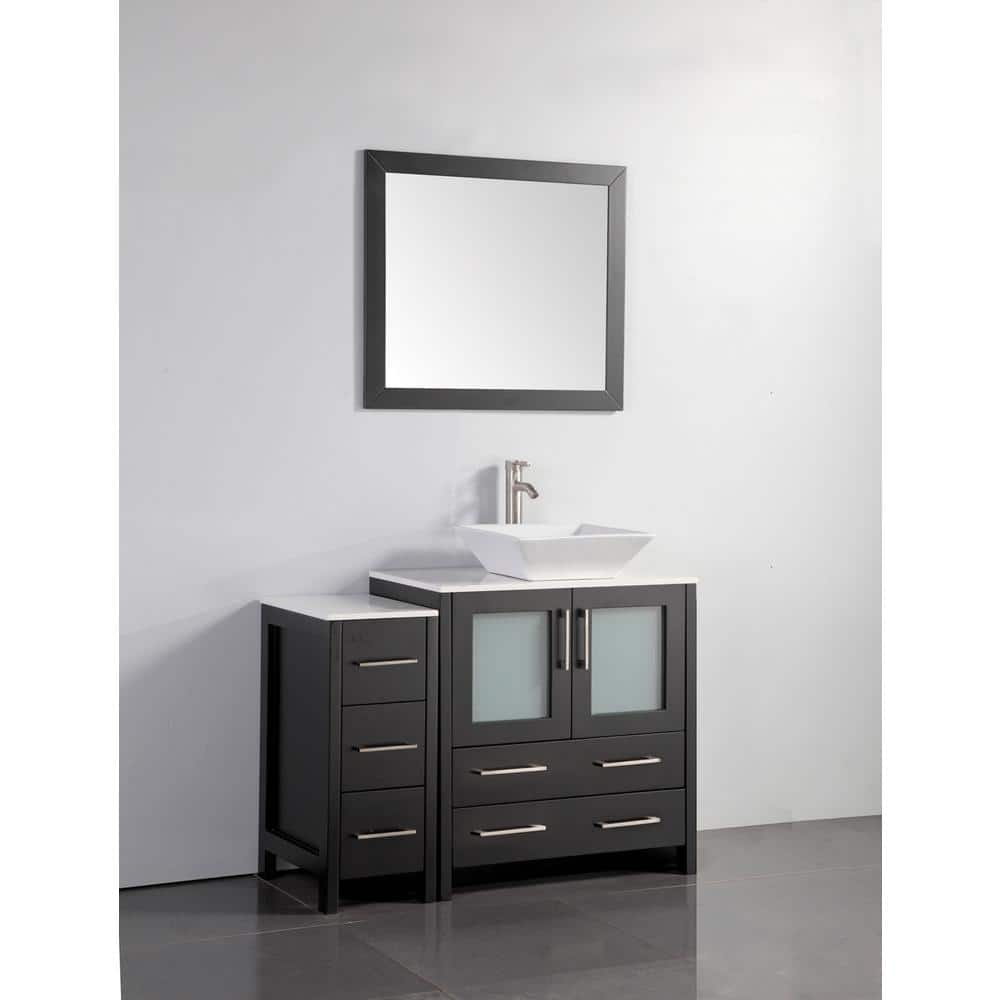 Vanity Art Ravenna 42 in. W Bathroom Vanity in Espresso with Single Basin in White Engineered Marble Top and Mirror