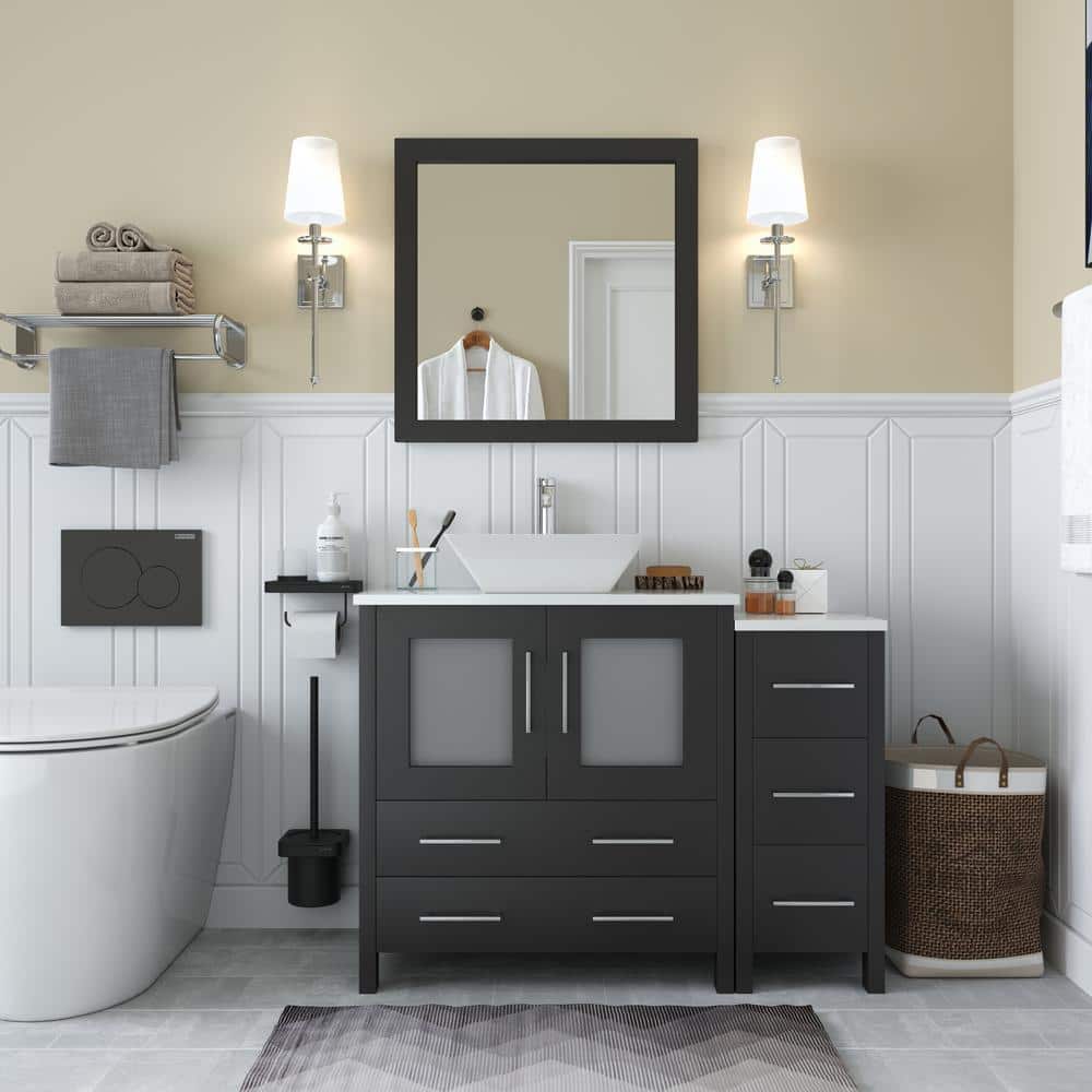 Vanity Art Ravenna 42 in. W Bathroom Vanity in Espresso with Single Basin in White Engineered Marble Top and Mirror