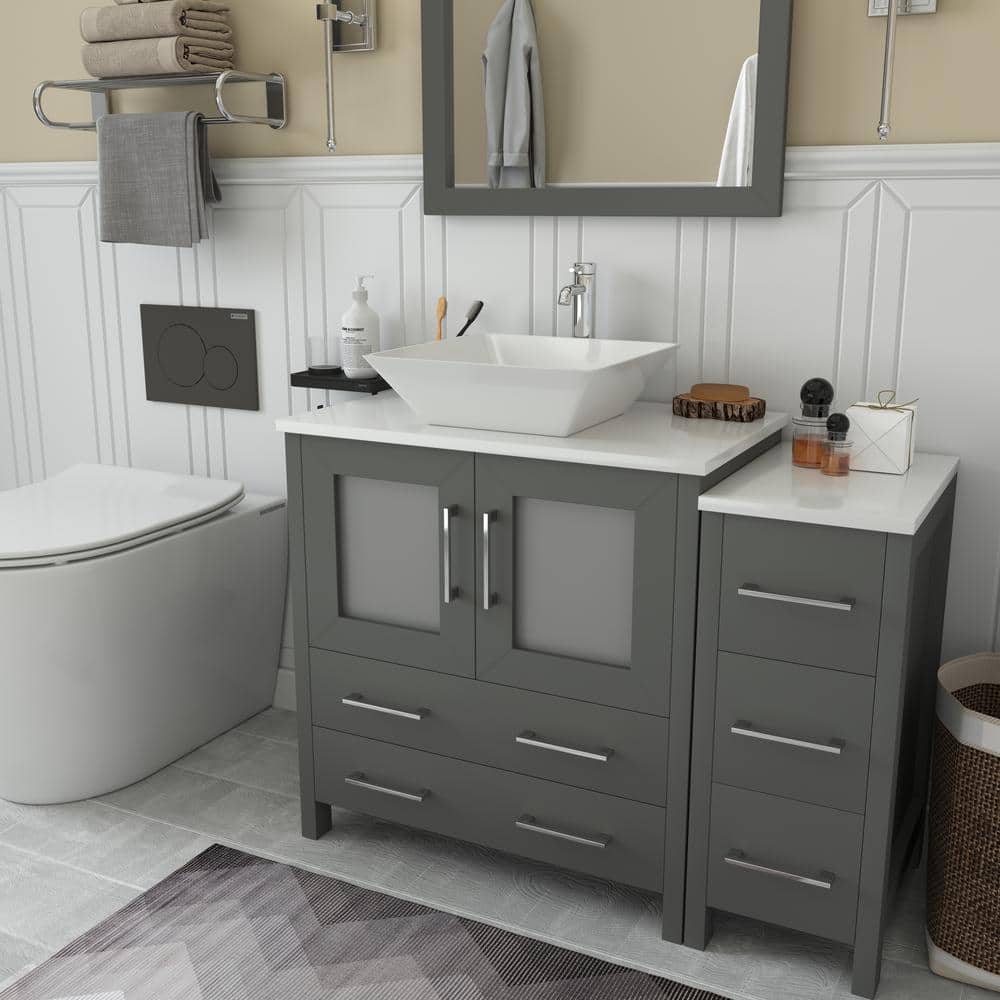Vanity Art Ravenna 42 in. W Bathroom Vanity in Grey with Single Basin in White Engineered Marble Top and Mirror