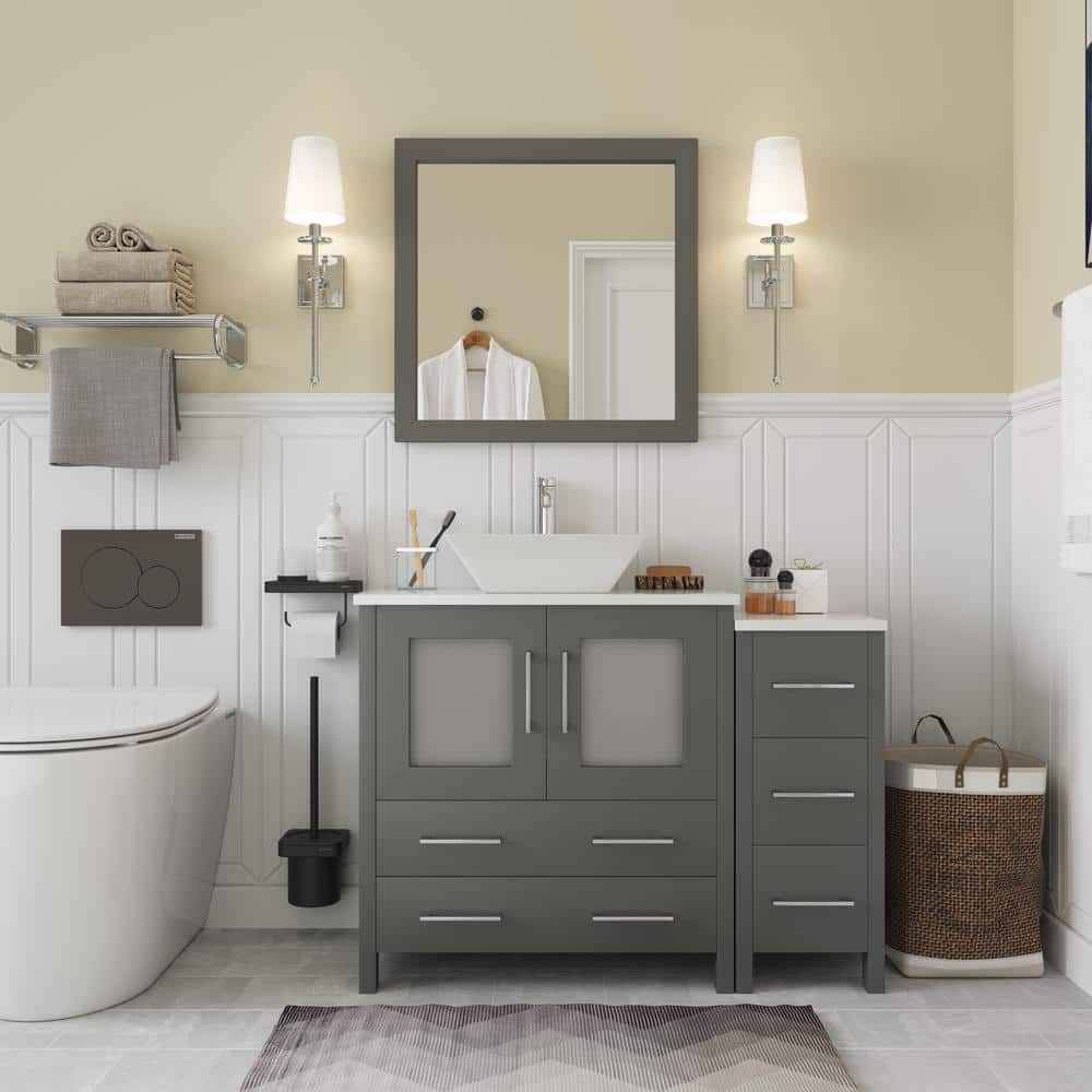 Vanity Art Ravenna 42 in. W Bathroom Vanity in Grey with Single Basin in White Engineered Marble Top and Mirror