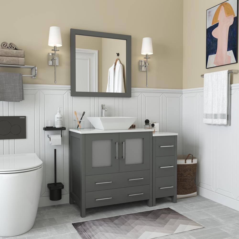 Vanity Art Ravenna 42 in. W Bathroom Vanity in Grey with Single Basin in White Engineered Marble Top and Mirror