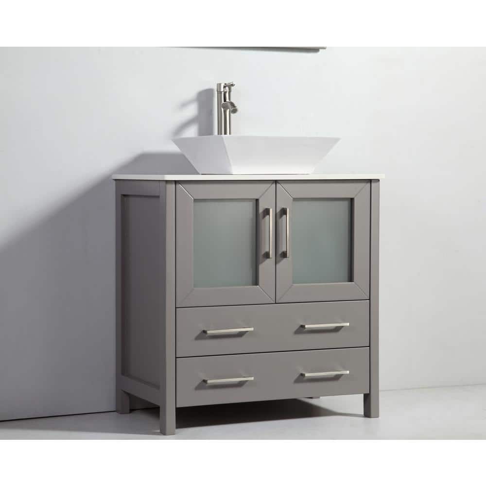 Vanity Art Ravenna 42 in. W Bathroom Vanity in Grey with Single Basin in White Engineered Marble Top and Mirror
