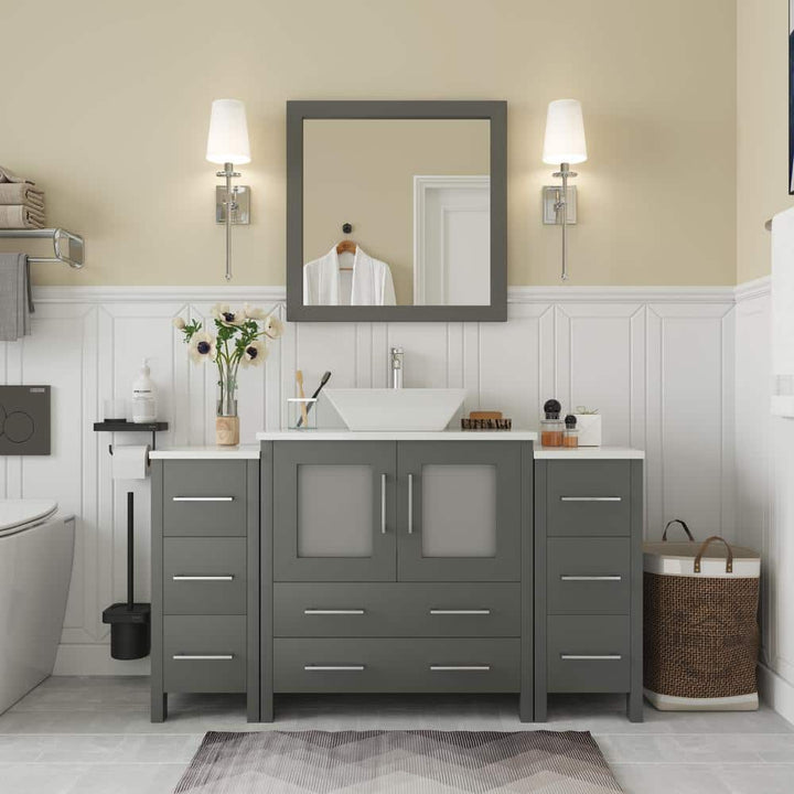 Vanity Art Ravenna 54 in. W Bathroom Vanity in Grey with Single Basin in White Engineered Marble Top and Mirror