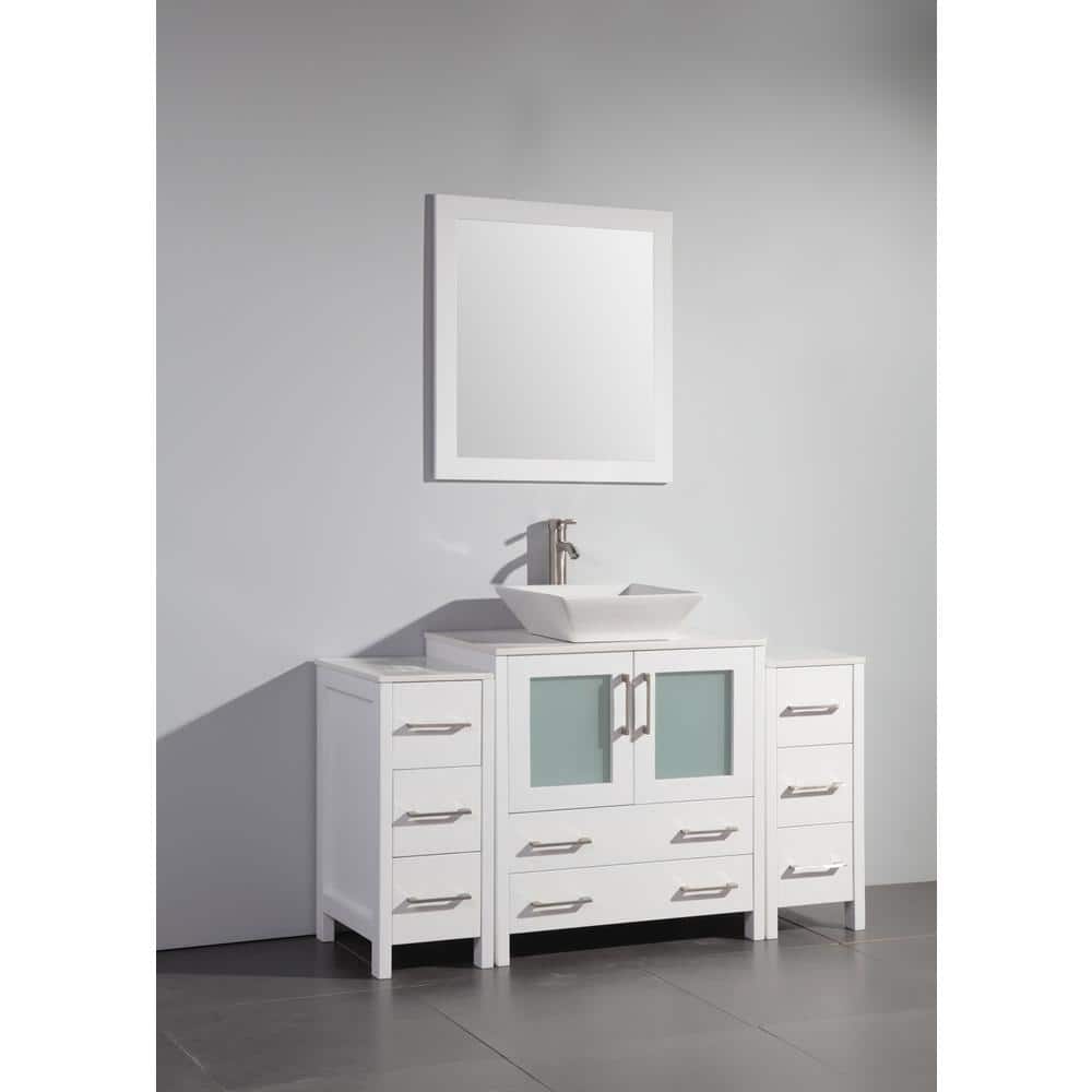 Vanity Art Ravenna 54 in. W Bathroom Vanity in White with Single Basin in White Engineered Marble Top and Mirror