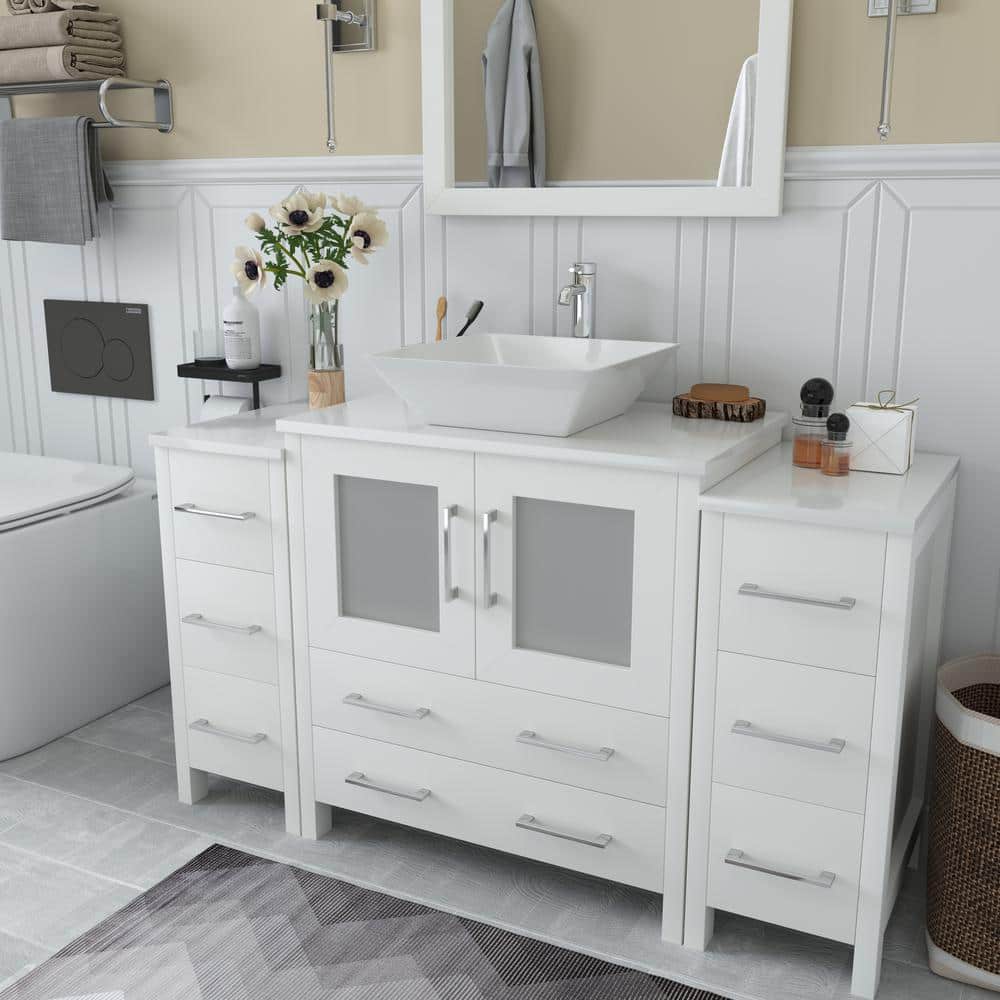 Vanity Art Ravenna 54 in. W Bathroom Vanity in White with Single Basin in White Engineered Marble Top and Mirror