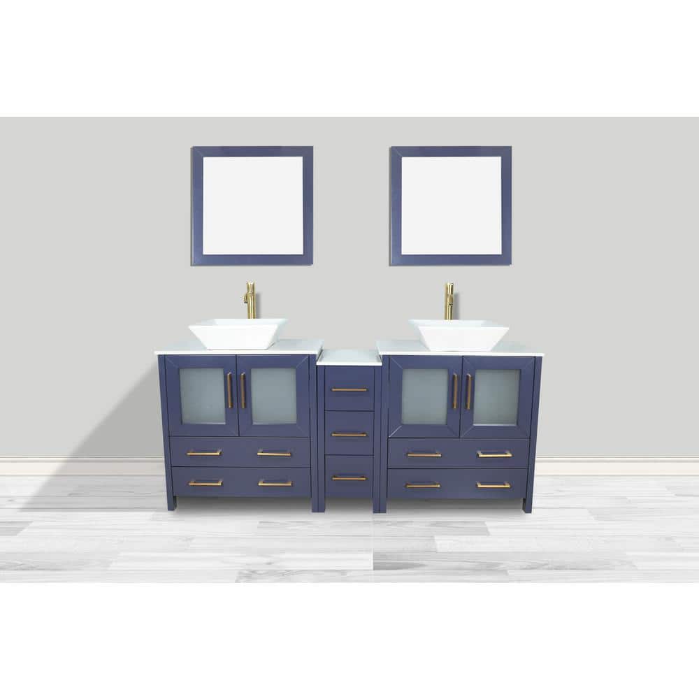 Vanity Art Ravenna 72 in. W Double Basin Bathroom Vanity in Blue with White Engineered Marble Top and Mirrors