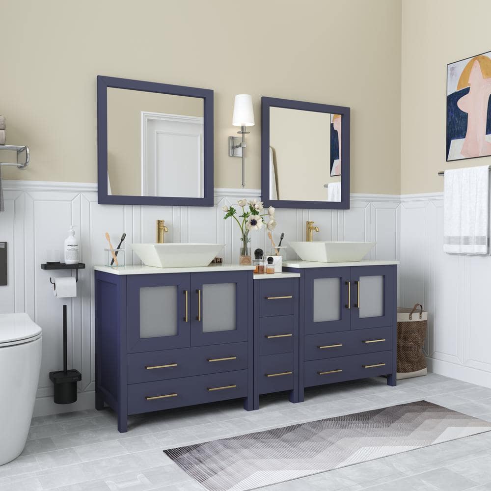 Vanity Art Ravenna 72 in. W Double Basin Bathroom Vanity in Blue with White Engineered Marble Top and Mirrors