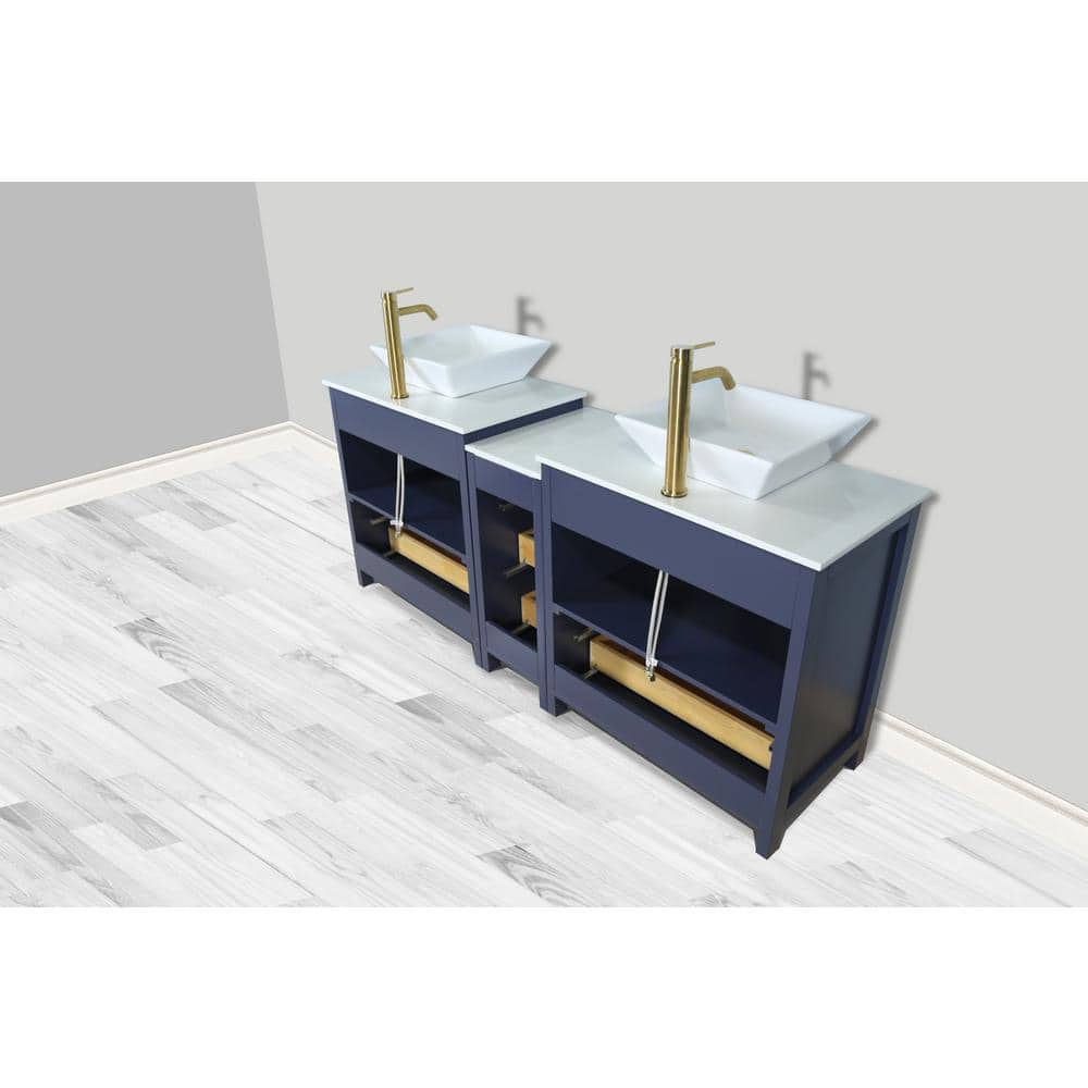 Vanity Art Ravenna 72 in. W Double Basin Bathroom Vanity in Blue with White Engineered Marble Top and Mirrors