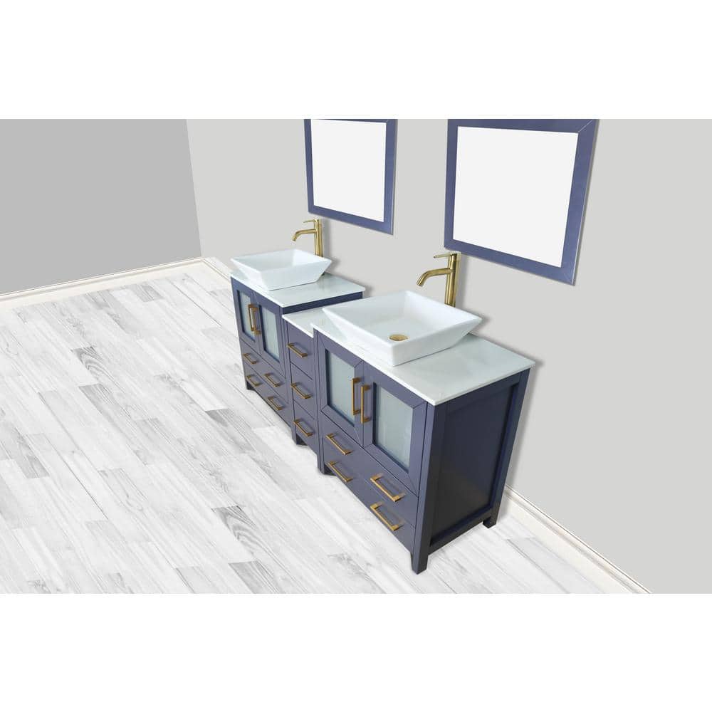 Vanity Art Ravenna 72 in. W Double Basin Bathroom Vanity in Blue with White Engineered Marble Top and Mirrors