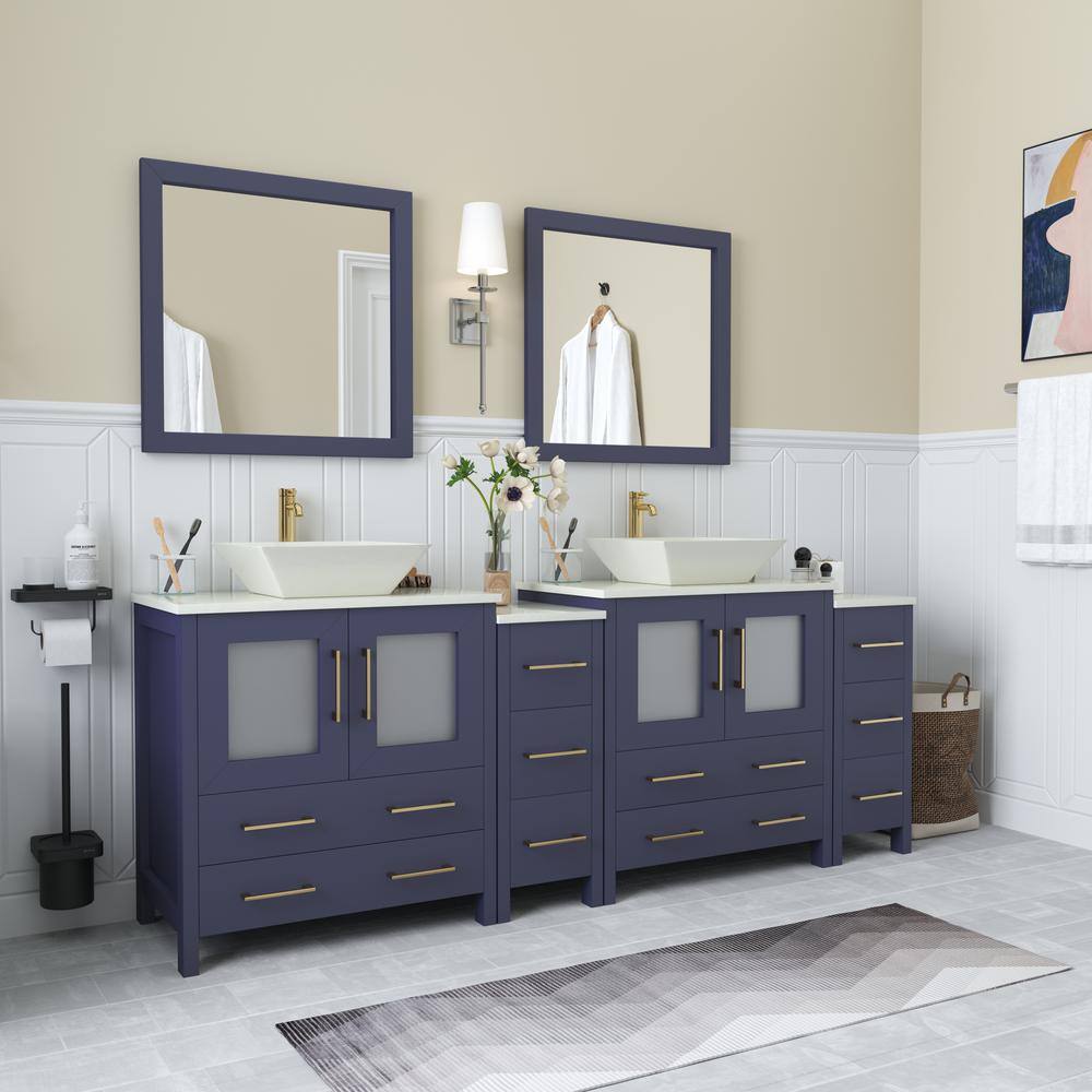 Vanity Art Ravenna 84 in. W Double Basin Bathroom Vanity in Blue with White Engineered Marble Top and Mirrors