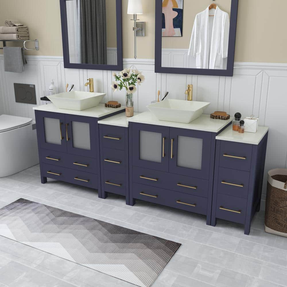Vanity Art Ravenna 84 in. W Double Basin Bathroom Vanity in Blue with White Engineered Marble Top and Mirrors