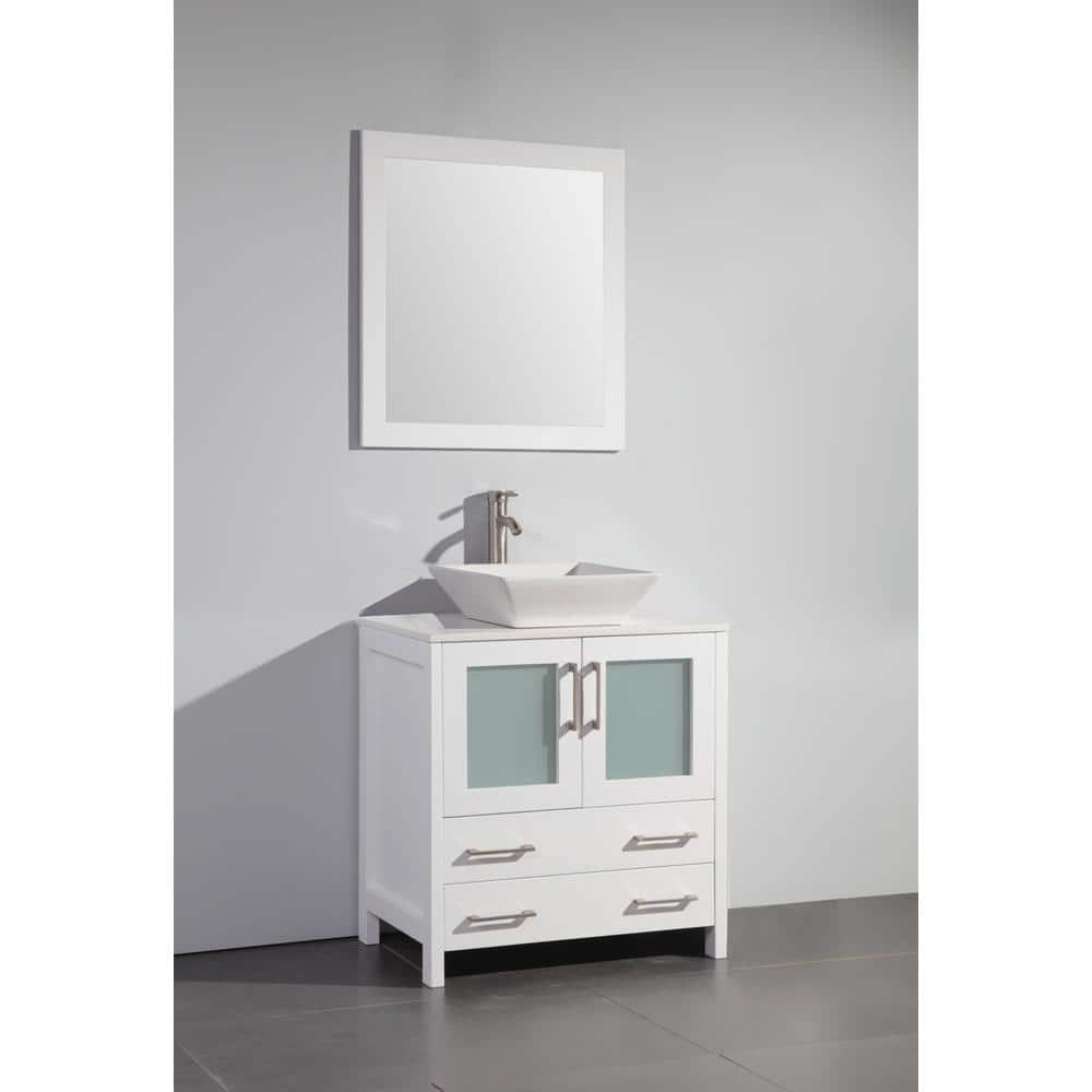 Vanity Art Ravenna 30 in. W Bathroom Vanity in White with Single Basin in White Engineered Marble Top and Mirror