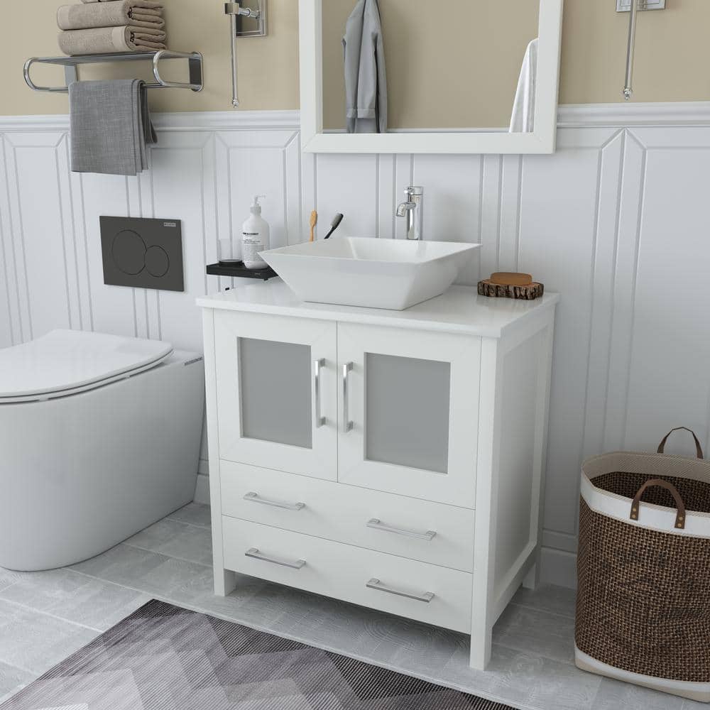 Vanity Art Ravenna 30 in. W Bathroom Vanity in White with Single Basin in White Engineered Marble Top and Mirror