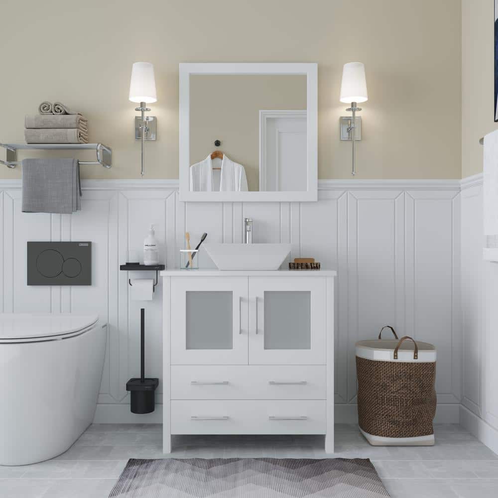 Vanity Art Ravenna 30 in. W Bathroom Vanity in White with Single Basin in White Engineered Marble Top and Mirror