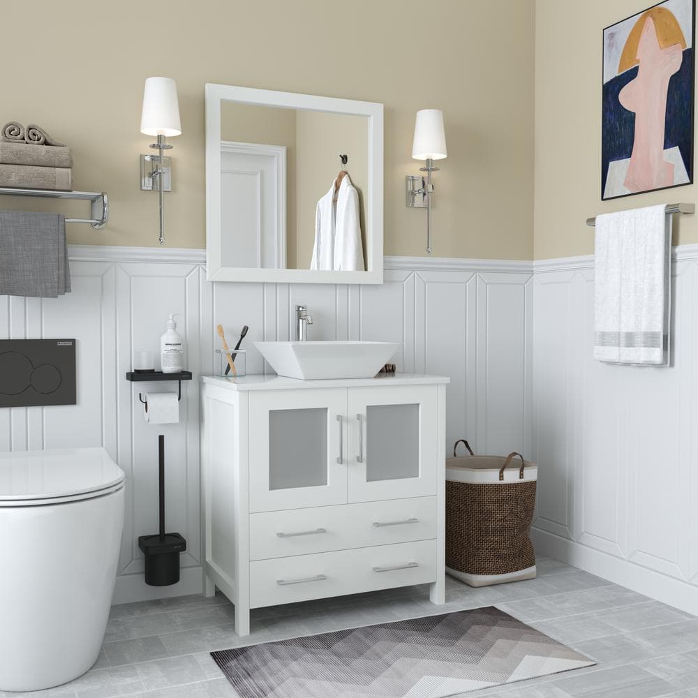 Vanity Art Ravenna 30 in. W Bathroom Vanity in White with Single Basin in White Engineered Marble Top and Mirror