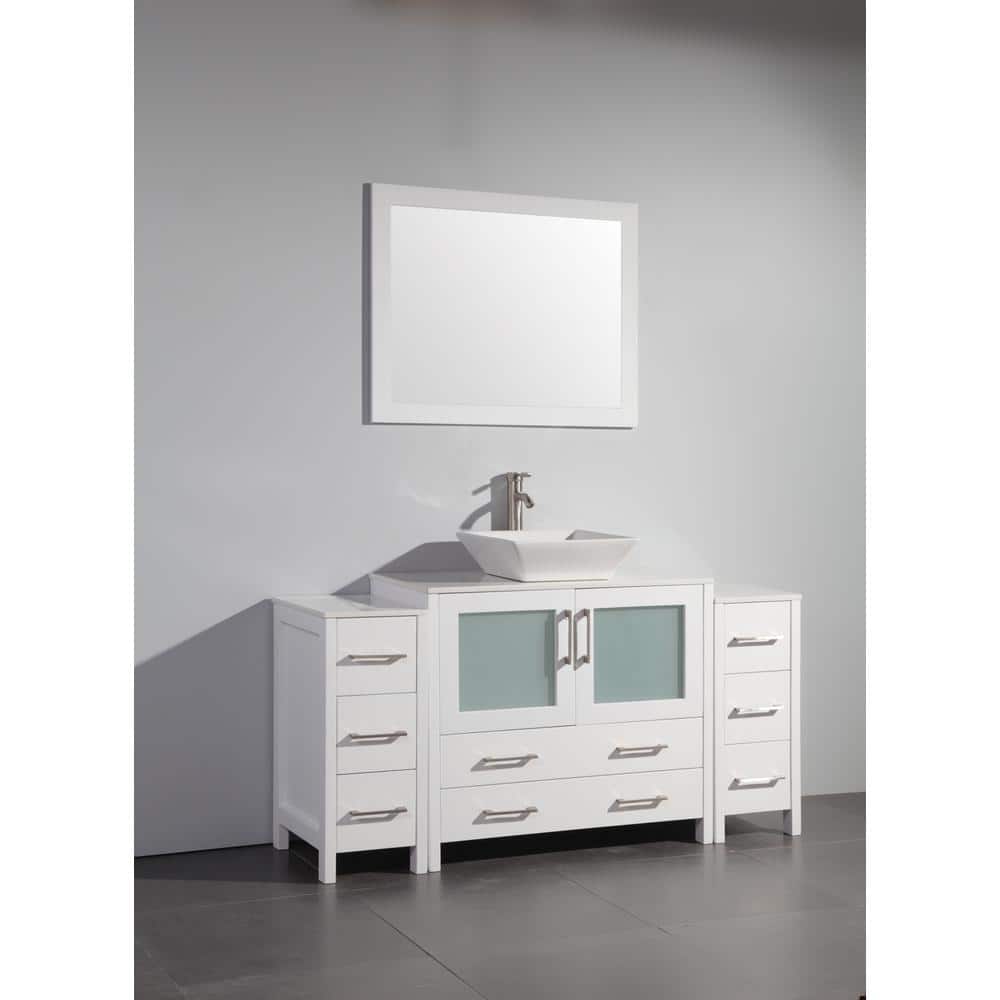 Vanity Art Ravenna 60 in. W Bathroom Vanity in White with Single Basin in White Engineered Marble Top and Mirror