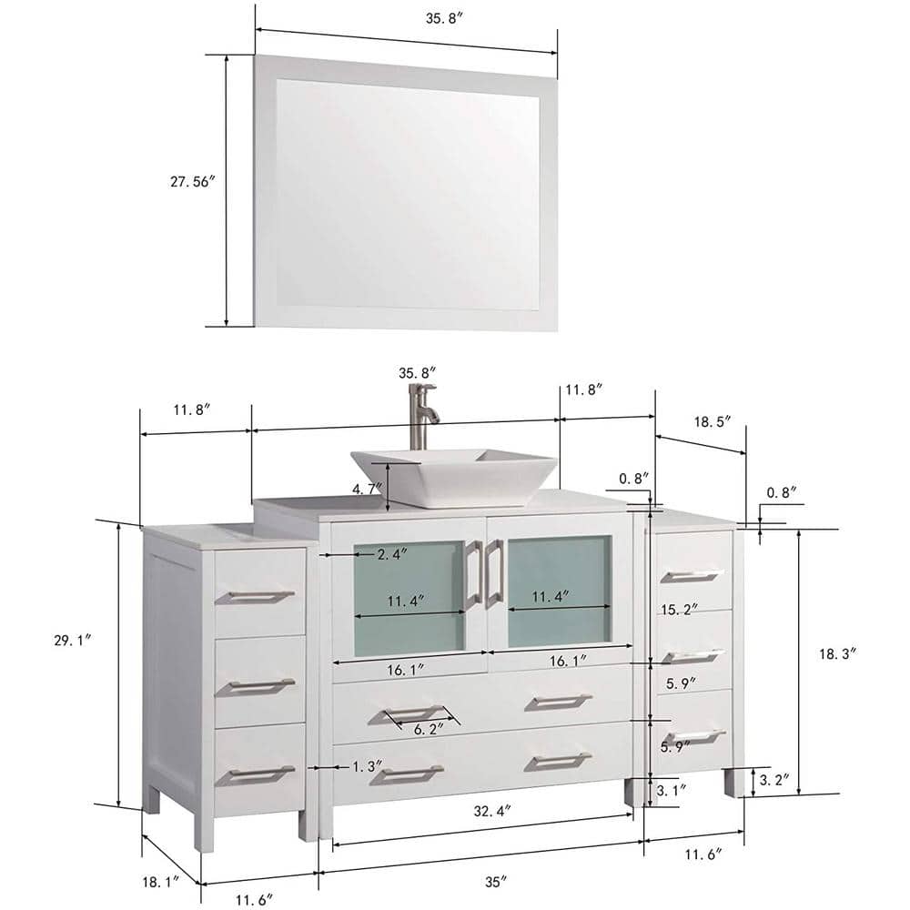 Vanity Art Ravenna 60 in. W Bathroom Vanity in White with Single Basin in White Engineered Marble Top and Mirror