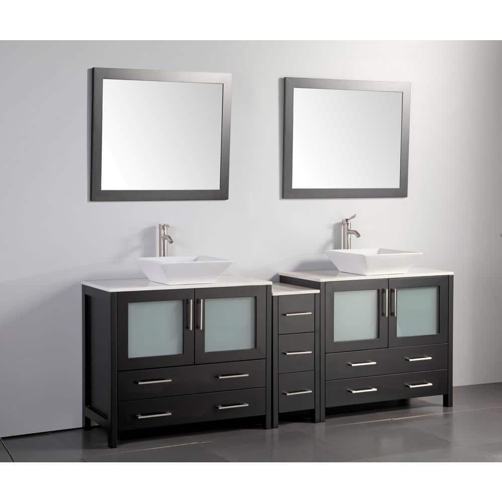 Vanity Art Ravenna 84 in. W Bathroom Vanity in Espresso with Double Basin in White Engineered Marble Top and Mirrors