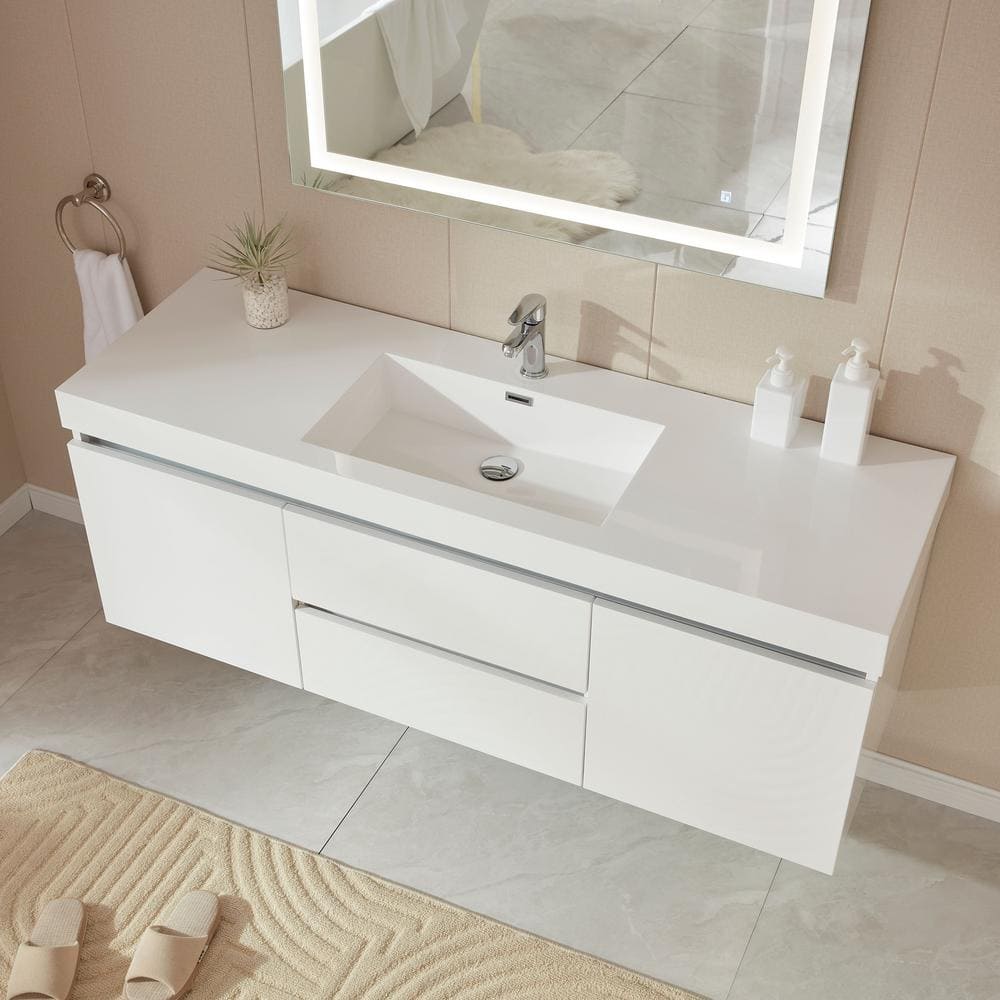 Vanity Art Annecy 60 in. W x 18.5 in. D x 20 in. H Bathroom Wall Hung LED Vanity in White w/ Single Basin Vanity Top in White Resin